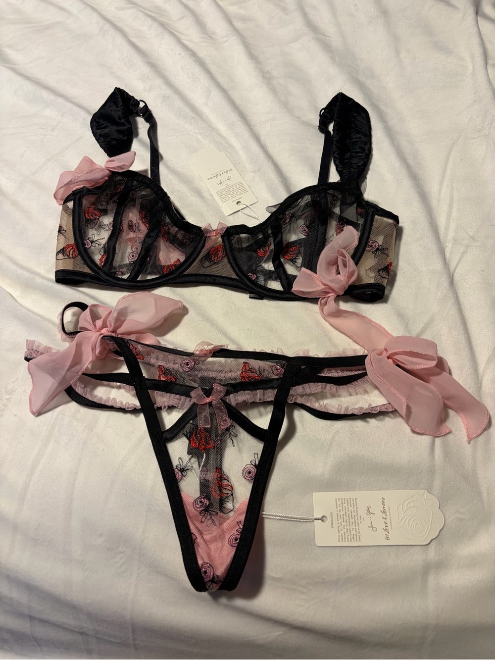 NWT.  For Love & Lemons. Sheer Embroidered Lace Bra & Thong Set